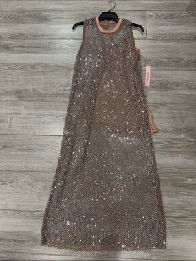 New Aqua Sleeveless rhinestones Mesh Maxi Dress L